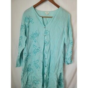 J.Jill Women's Aqua Linen Tunic Top Blouse Size M Embroidered 3/4 Sleeve Button